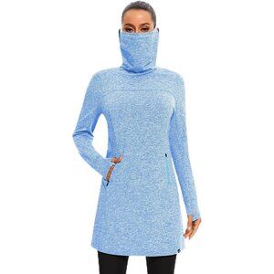Women's Fleece Dress Running Sweatshirt Dress with Thumb Holes Pocket Light Blue